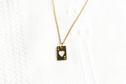 Gold Poker Card with Heart Necklace,  playing card Jewelry,