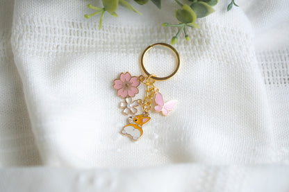 Pink Ear Corgi Flower Charm Keychain