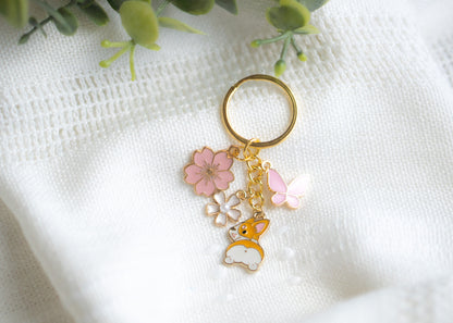 Pink Ear Corgi Flower Charm Keychain