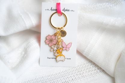 Pink Ear Corgi Flower Charm Keychain