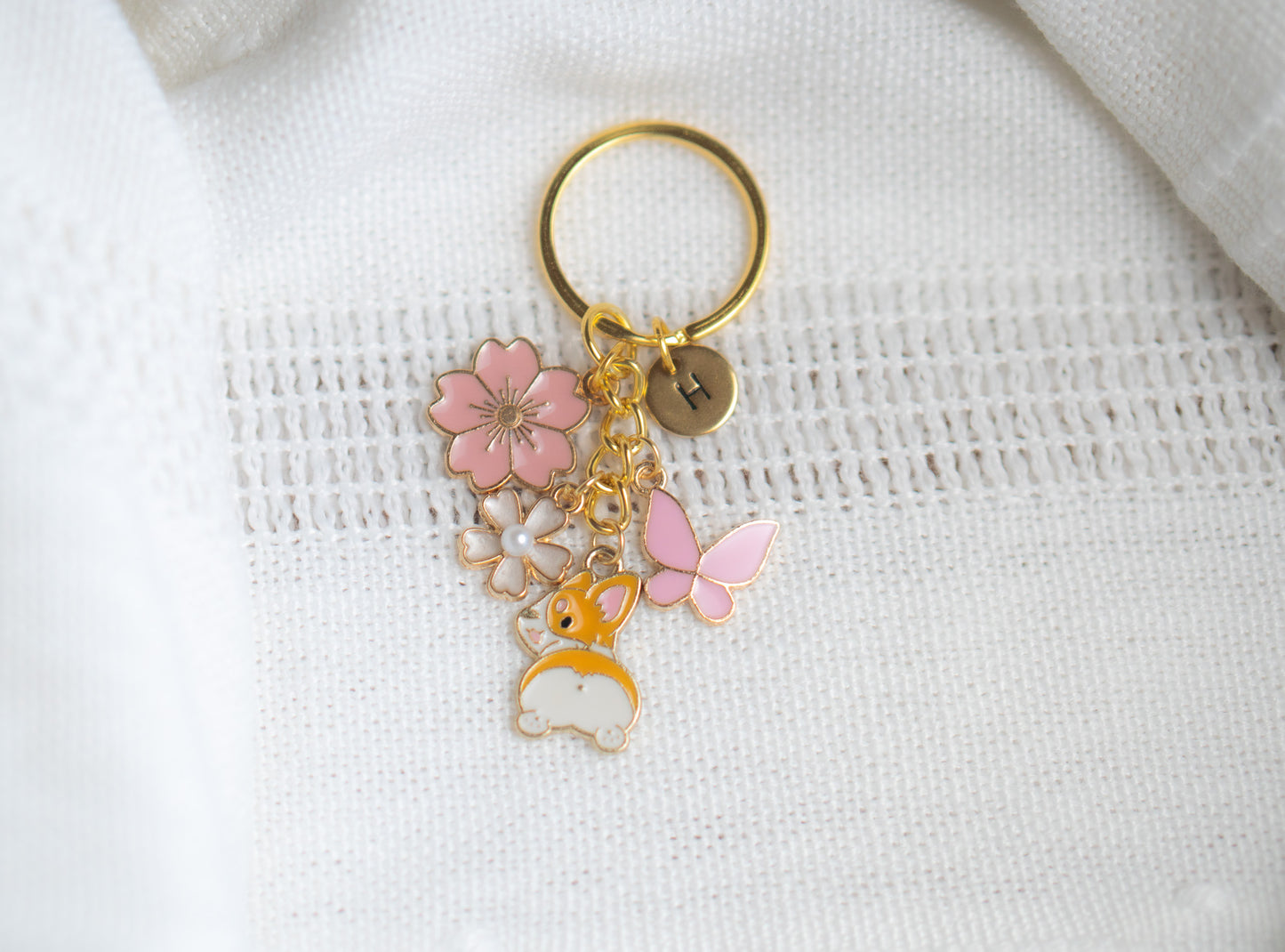 Pink Ear Corgi Flower Charm Keychain