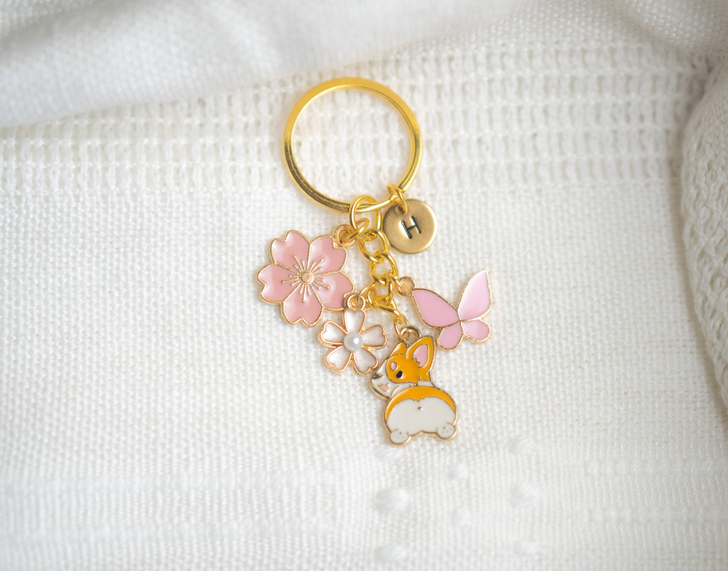 Pink Ear Corgi Flower Charm Keychain