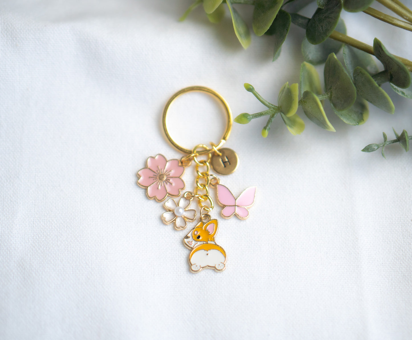 Pink Ear Corgi Flower Charm Keychain