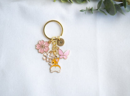 Pink Ear Corgi Flower Charm Keychain