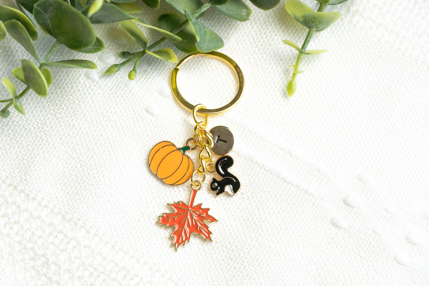 Fall Maple Pumpkin Squirrel Charm Keychain