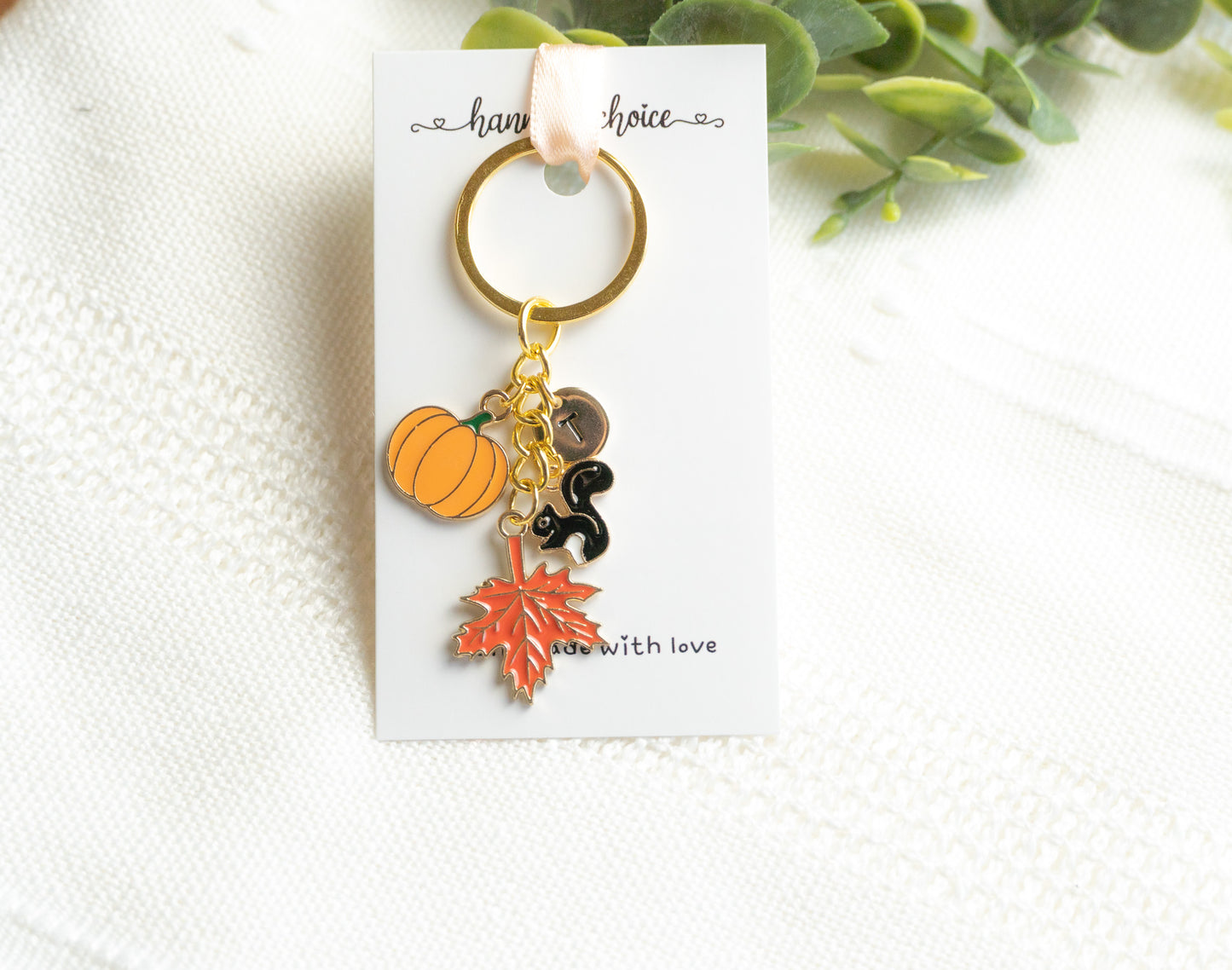 Fall Maple Pumpkin Squirrel Charm Keychain