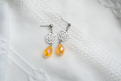 Silver Flower Orange Glass Bead Drop Earrings