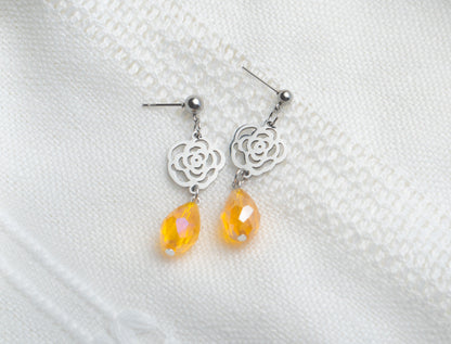 Silver Flower Orange Glass Bead Drop Earrings