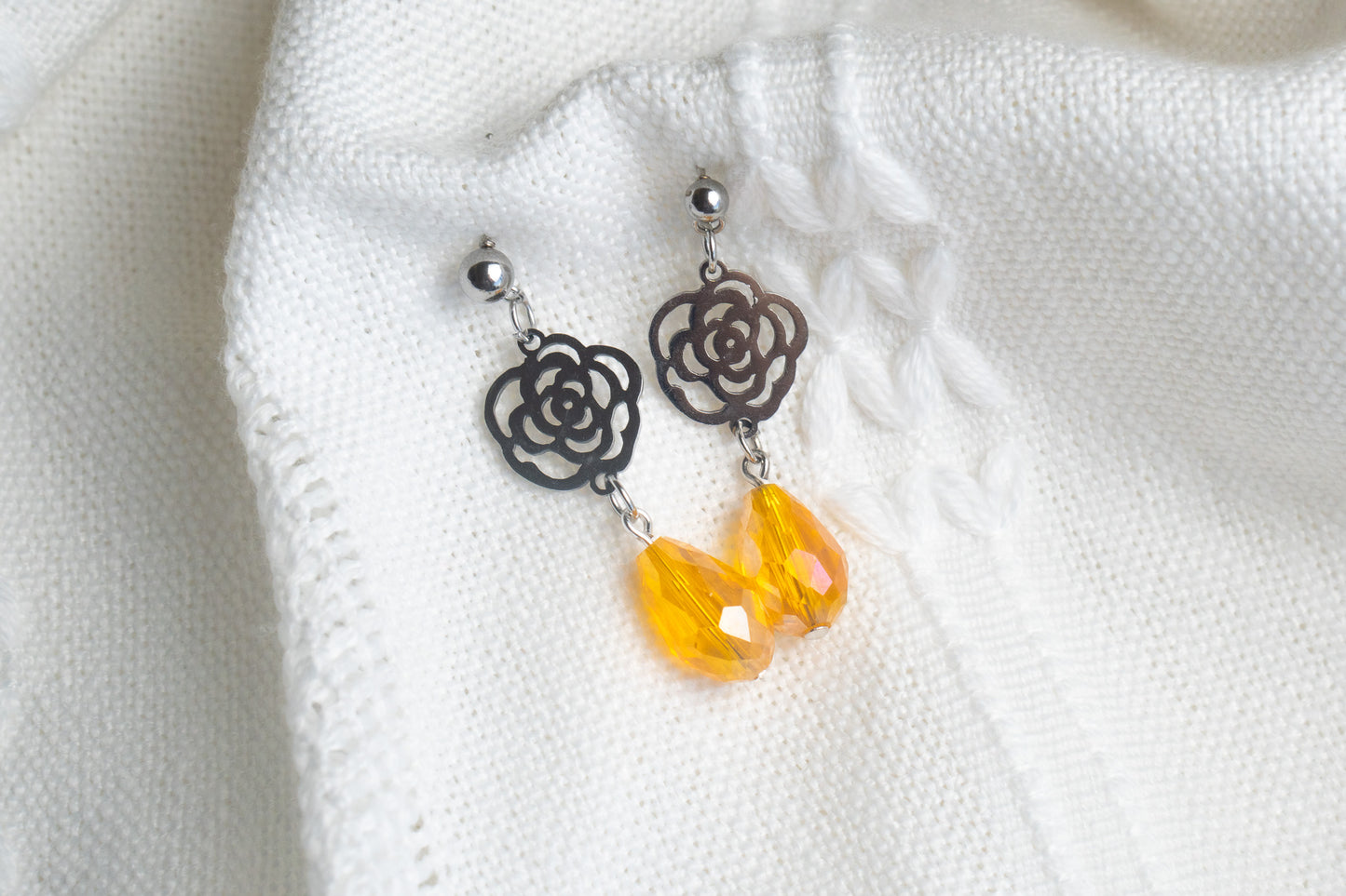 Silver Flower Orange Glass Bead Drop Earrings