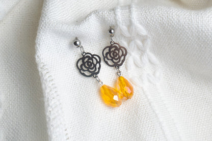 Silver Flower Orange Glass Bead Drop Earrings