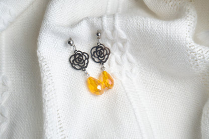 Silver Flower Orange Glass Bead Drop Earrings