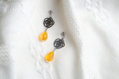 Silver Flower Orange Glass Bead Drop Earrings