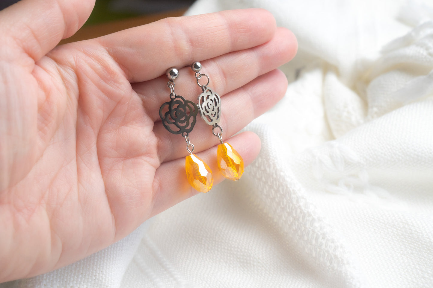 Silver Flower Orange Glass Bead Drop Earrings