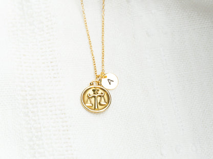 Gold Flat Round Libra Pendant Necklace