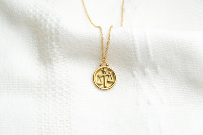 Gold Flat Round Libra Pendant Necklace