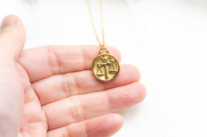 Gold Flat Round Libra Pendant Necklace