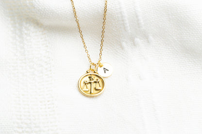 Gold Flat Round Libra Pendant Necklace