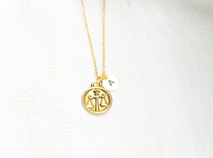 Gold Flat Round Libra Pendant Necklace
