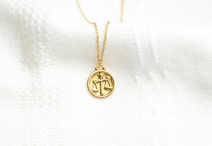 Gold Flat Round Libra Pendant Necklace
