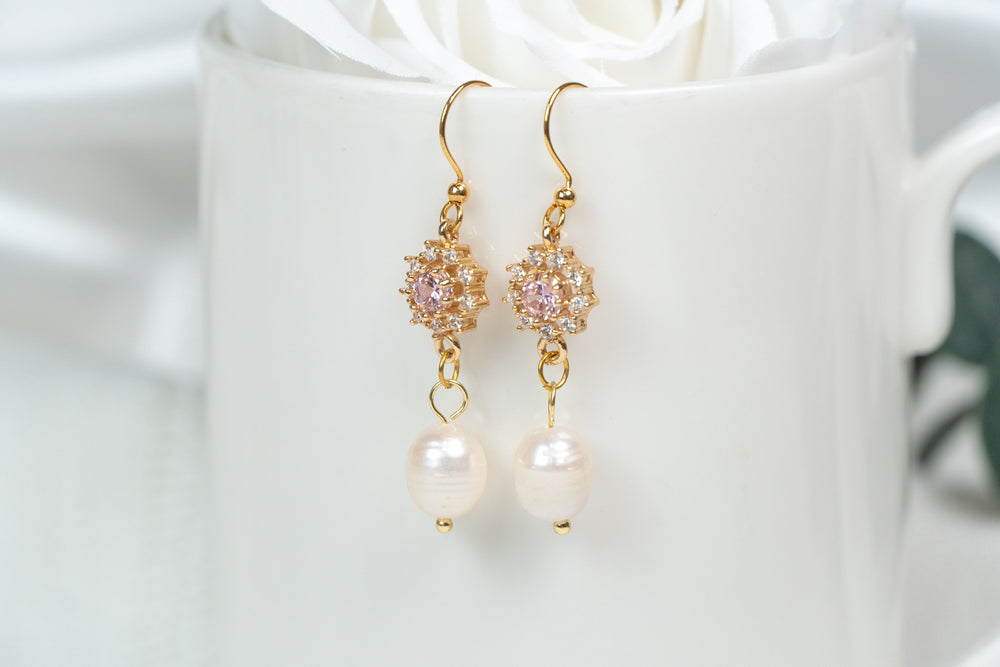 Pink Flower Rhinestone with Pearl Earrings