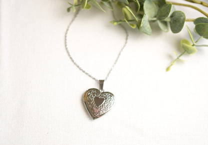 Silver Tone Heart Locket Necklace