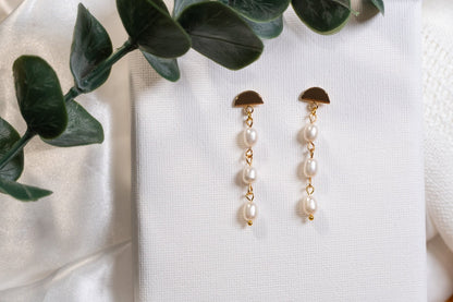 Umbrella Stud 3 Pearls Drop Earrings/Natural Freshwater Pearls 18K Gold Plated Stud/Bride jewelry