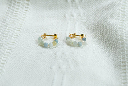 Aquamarine Gemstone Beads Hoop Earrings, Minimalist, 24K Gold Plated, Gifts for her,Dainty Earrings